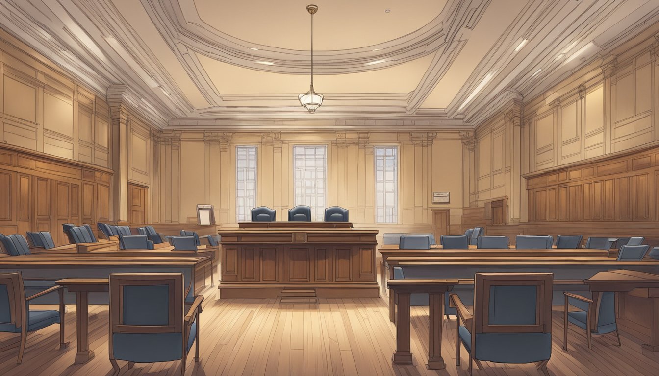 A courtroom with empty chairs facing a judge's bench, with legal documents scattered on the floor