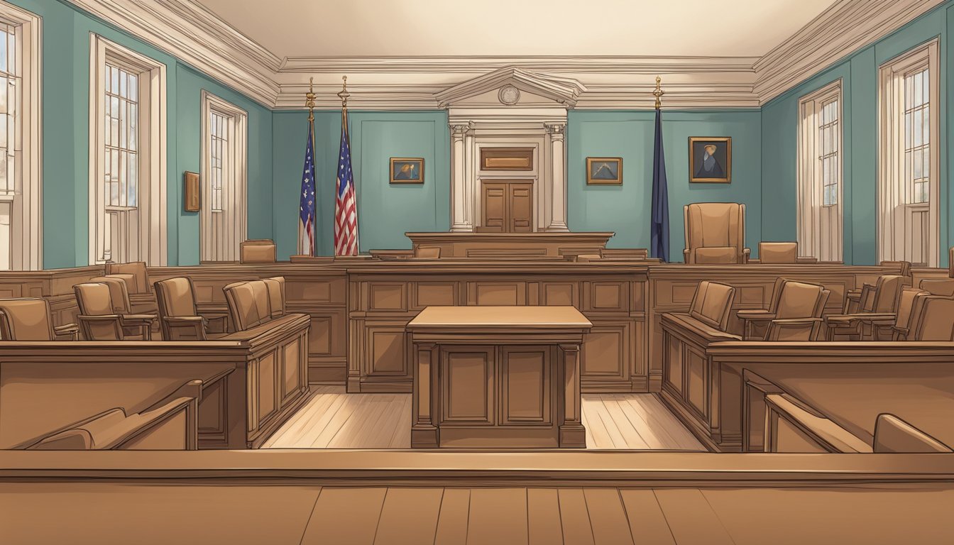 A courtroom with empty chairs and a judge's bench, symbolizing unresolved legal matters after the death of a plaintiff or defendant