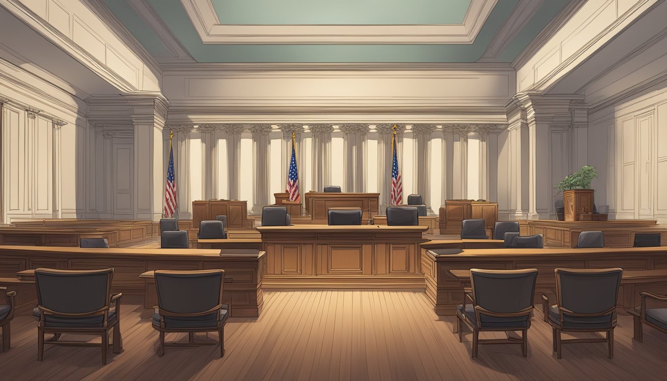 A courtroom with empty chairs and a judge's bench, surrounded by lawyers' tables and legal documents