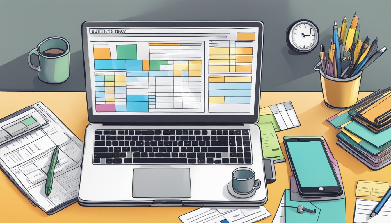 A cluttered desk with unpaid utility bills and a laptop open to an account management page