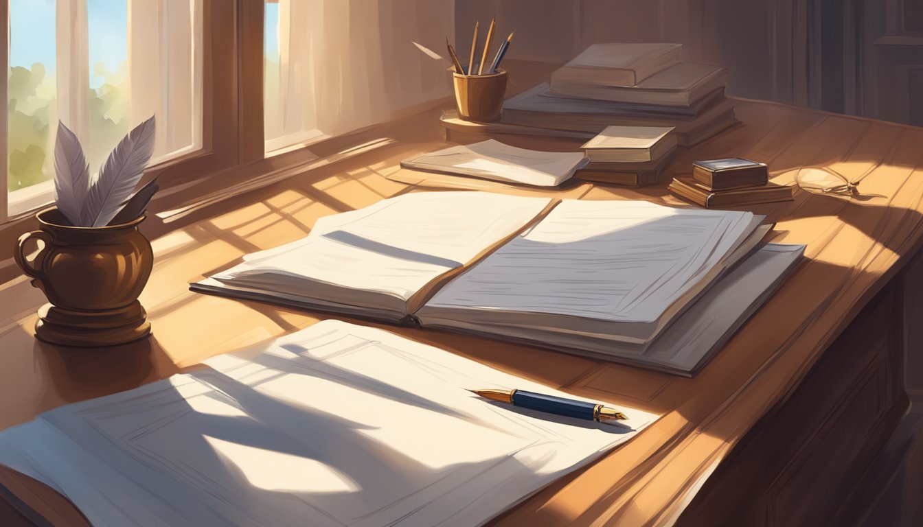 A serene, uncluttered desk with a legal document and a quill pen, surrounded by soft natural light filtering through a window