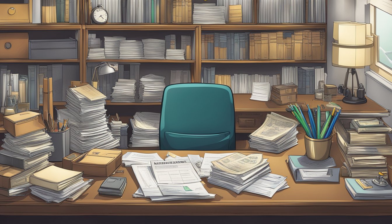 A cluttered desk with open tax documents, shelves of collectibles, and a filing cabinet labeled "Inherited Assets."