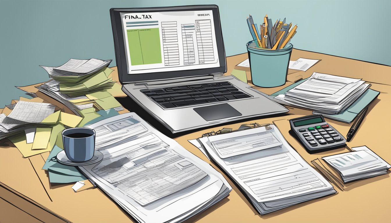 A cluttered desk with scattered tax forms, an open calculator, and a stack of papers labeled "final tax returns." An empty chair sits in front