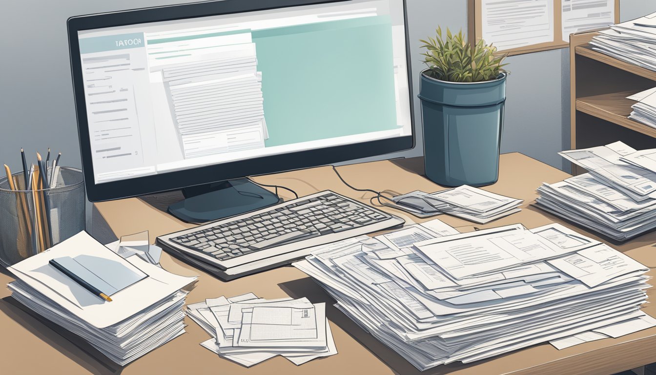 A desk with scattered paperwork, a computer screen displaying tax forms, and a stack of envelopes ready to be mailed