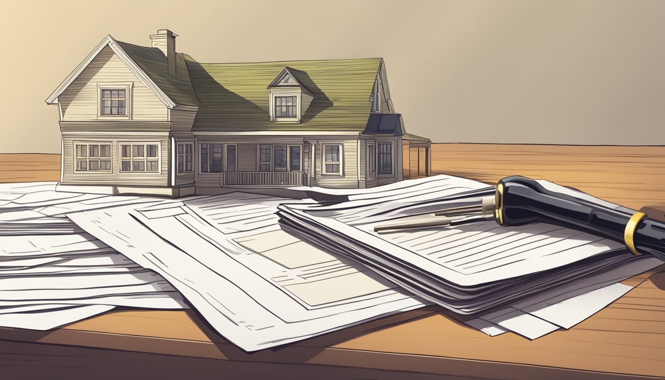 A stack of legal documents and a house key on a table, with a shadow of a house in the background