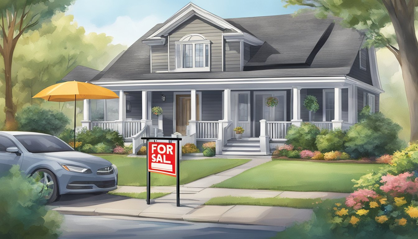 A home with a "For Sale" sign in the front yard, surrounded by various insurance company logos and a stack of paperwork