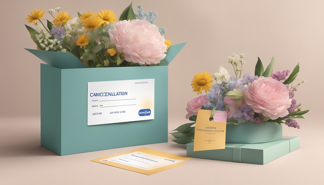 A gym or club membership card being placed in a box labeled "Cancellation" alongside a sympathy card and flowers