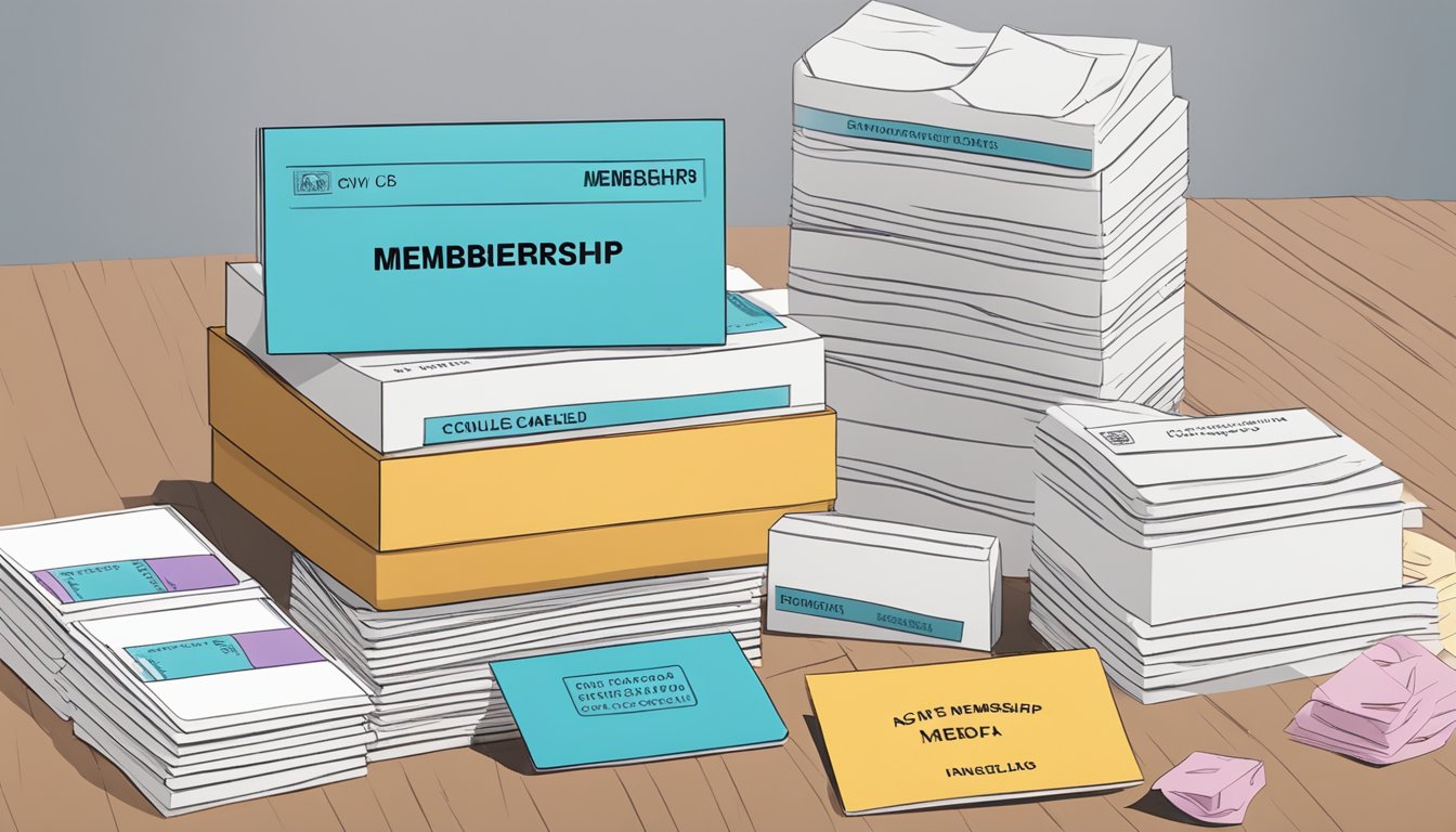 A stack of cancelled gym and club membership cards, scattered on a desk with a sympathy card and a box of tissues