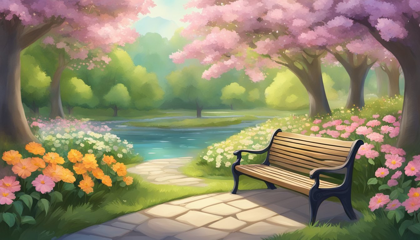 A serene, tree-lined park with a bench and a plaque, surrounded by blooming flowers and a gentle stream