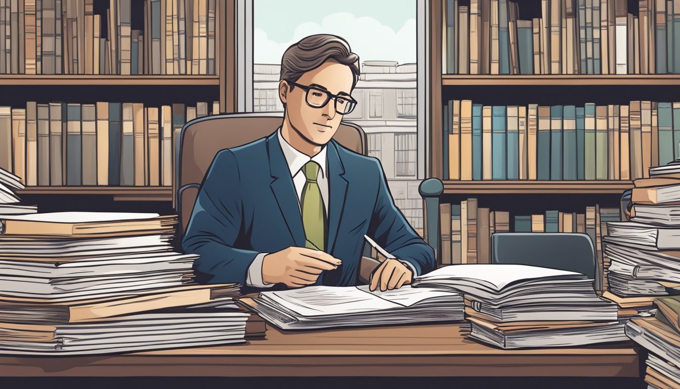 A lawyer reviewing legal documents for a charitable remainder trust, surrounded by books and paperwork, with a focus on distribution after the donor's death