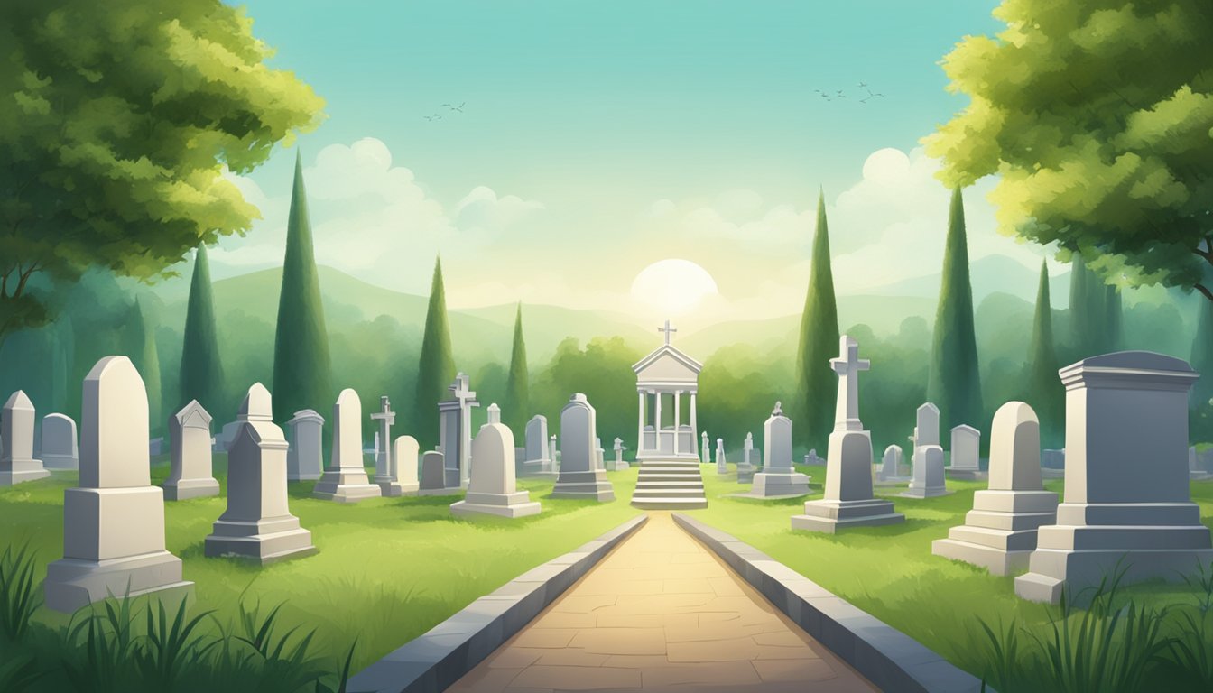 A tranquil cemetery with rows of small, ornate headstones surrounded by lush greenery and peaceful landscaping. A serene atmosphere with a sense of reverence and remembrance