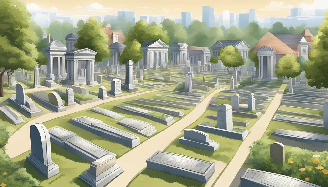 A serene cemetery with neatly arranged burial plots surrounded by administrative buildings and legal documents