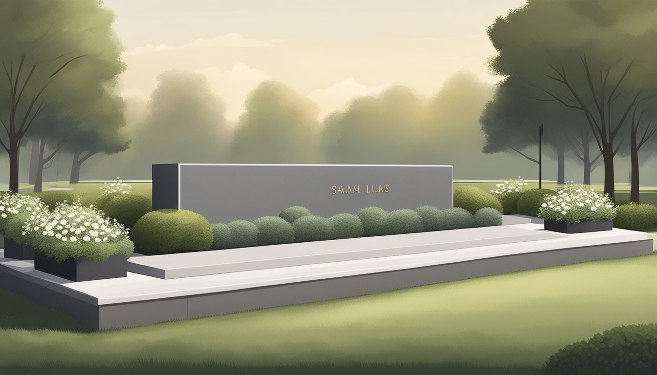 A modern burial plot for cremation, featuring a sleek, minimalist headstone surrounded by carefully manicured landscaping