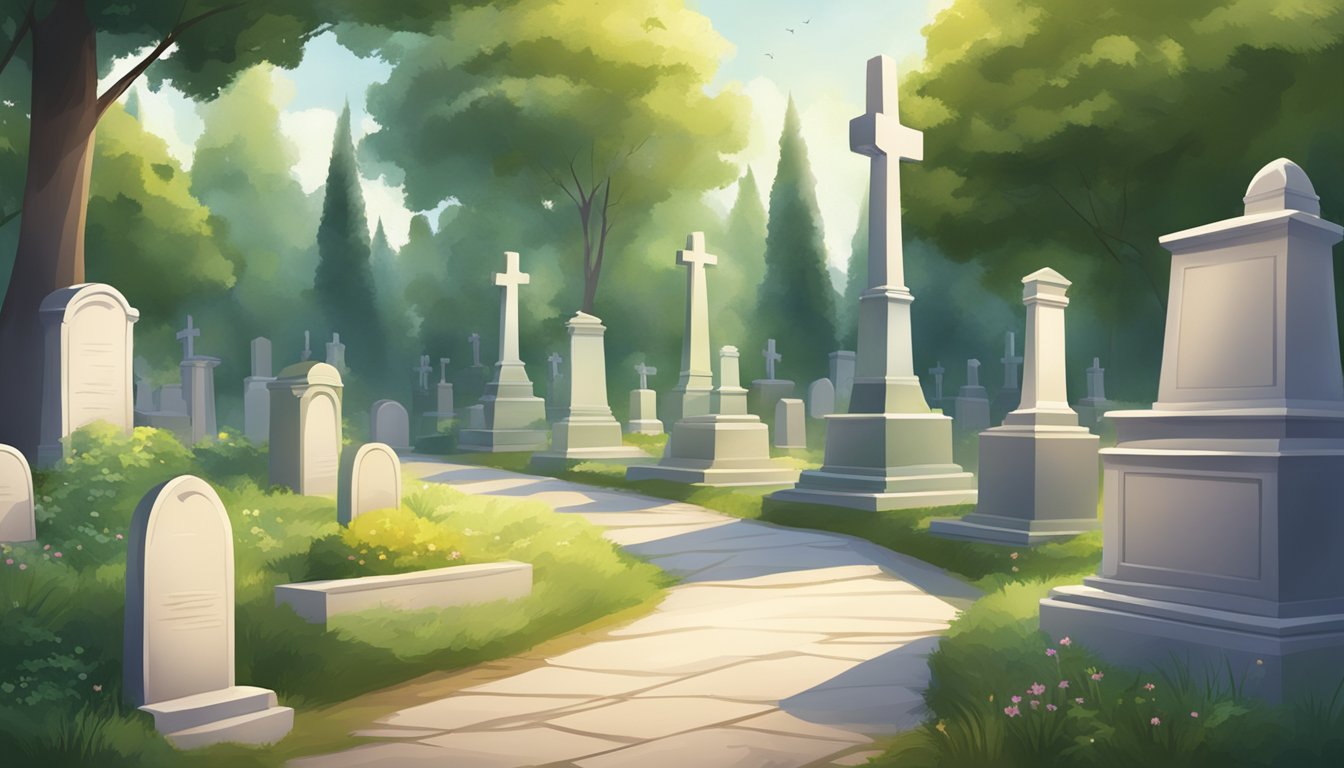 A serene cemetery with a small, peaceful plot designated for cremation burial, surrounded by lush greenery and gentle sunlight filtering through the trees