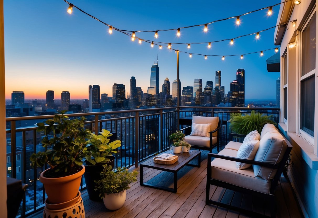 A cozy apartment balcony with potted plants, string lights, and comfortable seating overlooking a city skyline at dusk