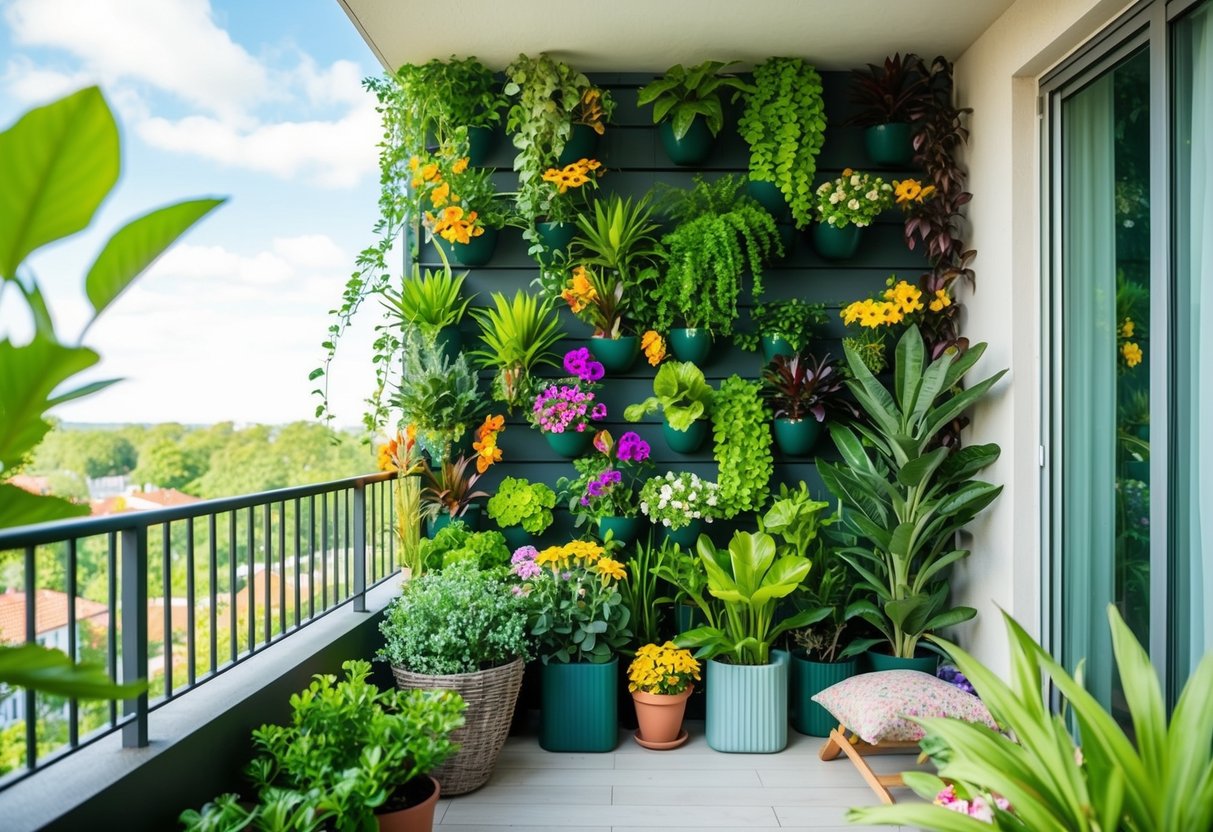 A balcony with a vertical garden wall filled with lush green plants and colorful flowers, creating a vibrant and natural backdrop for outdoor relaxation