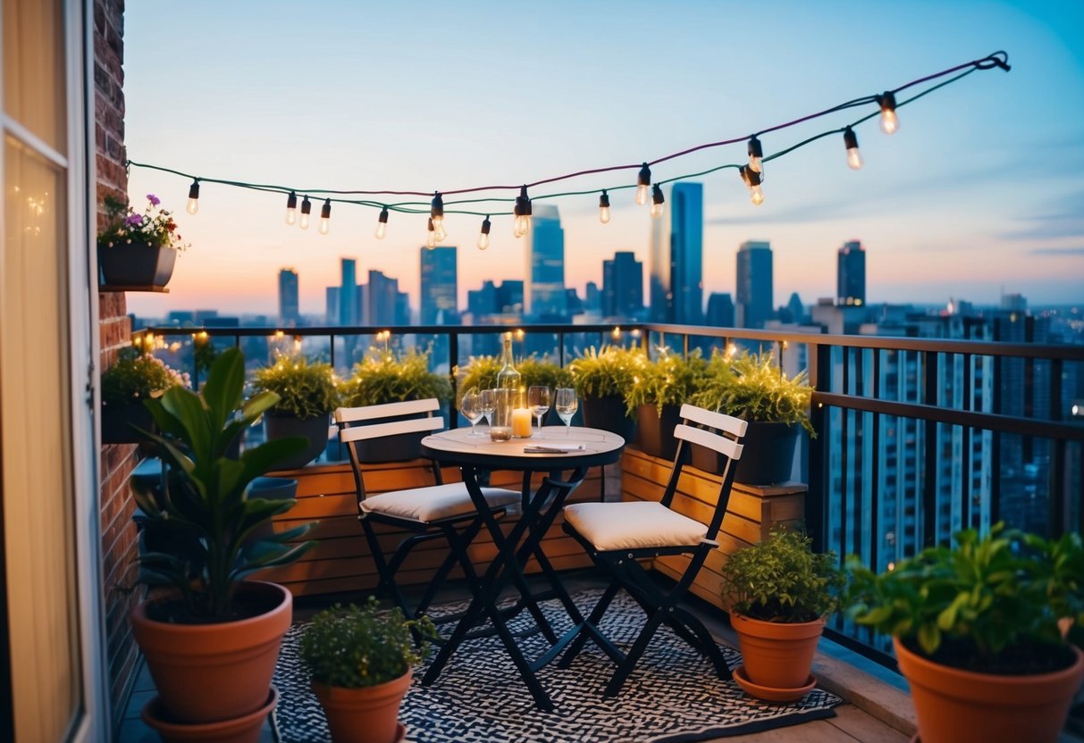 A cozy bistro set on a small apartment balcony, surrounded by potted plants and string lights, with a view of the city skyline