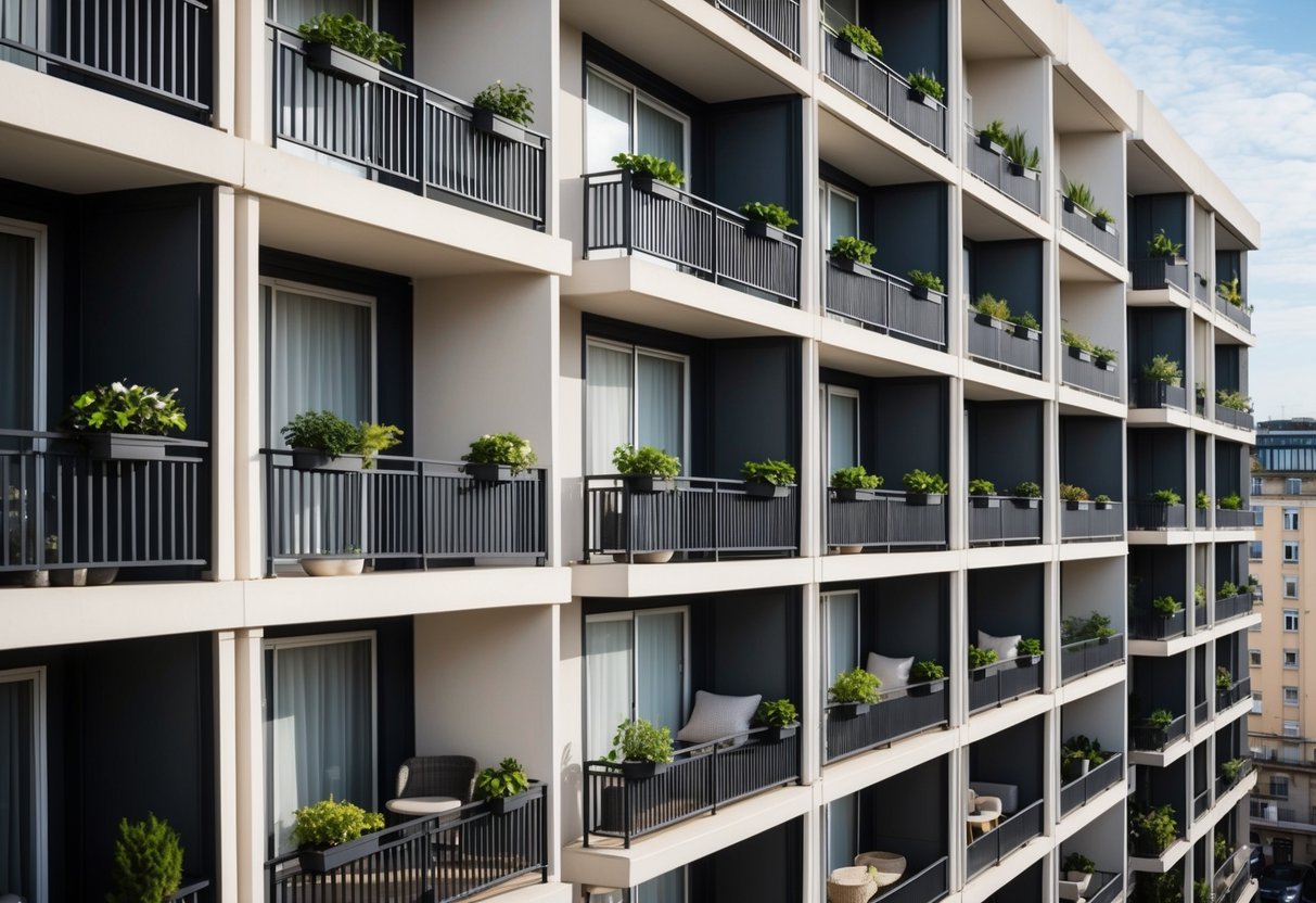 A row of apartment balconies with privacy screen panels, each adorned with potted plants and cozy outdoor furniture