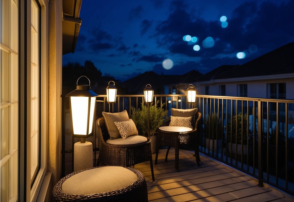 A balcony with solar-powered lanterns illuminating a cozy outdoor seating area at night