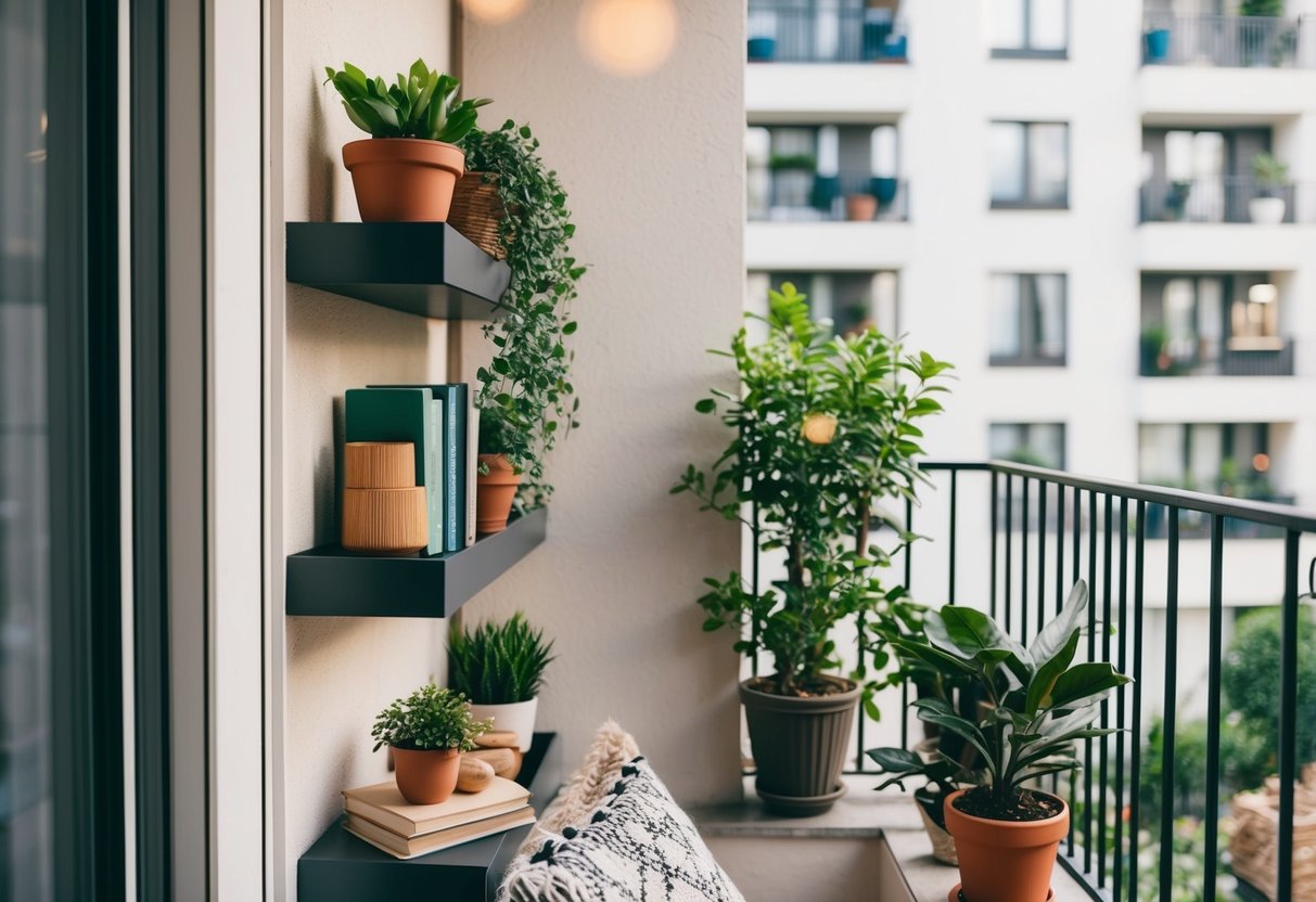 A small apartment balcony with wall-mounted shelves holding potted plants, books, and decorative items. A cozy outdoor space with a touch of greenery