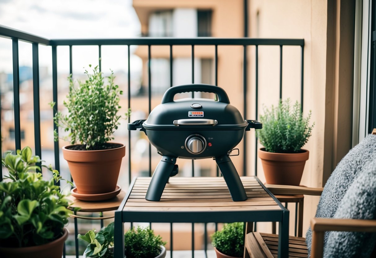 A compact portable grill sits on a small apartment balcony, surrounded by potted plants and cozy outdoor furniture