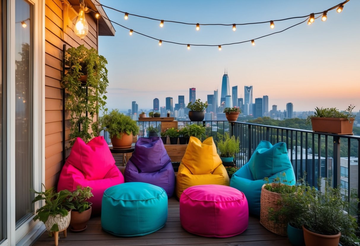 Colorful bean bags arranged on a small apartment balcony, with plants, string lights, and a view of the city skyline in the background