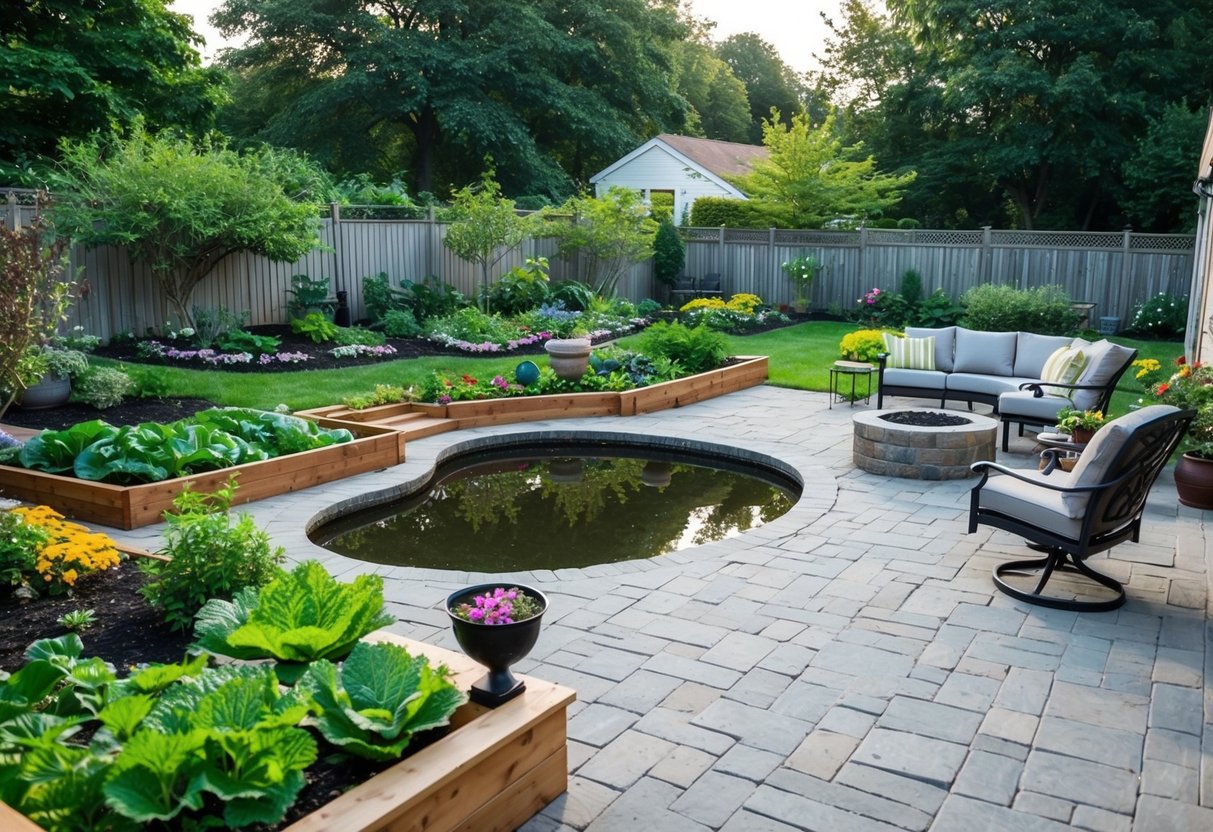 A peaceful backyard with a variety of landscaping features including a vegetable garden, flower beds, a small pond, a paved patio area, and a cozy seating area with a fire pit