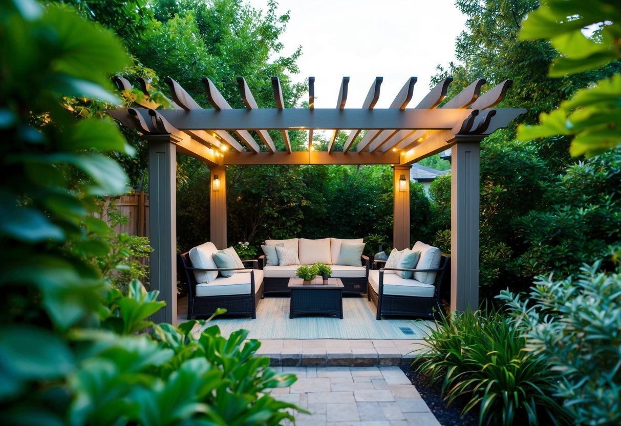 A cozy pergola nestled among lush greenery, with comfortable seating and soft lighting creating a serene backyard retreat