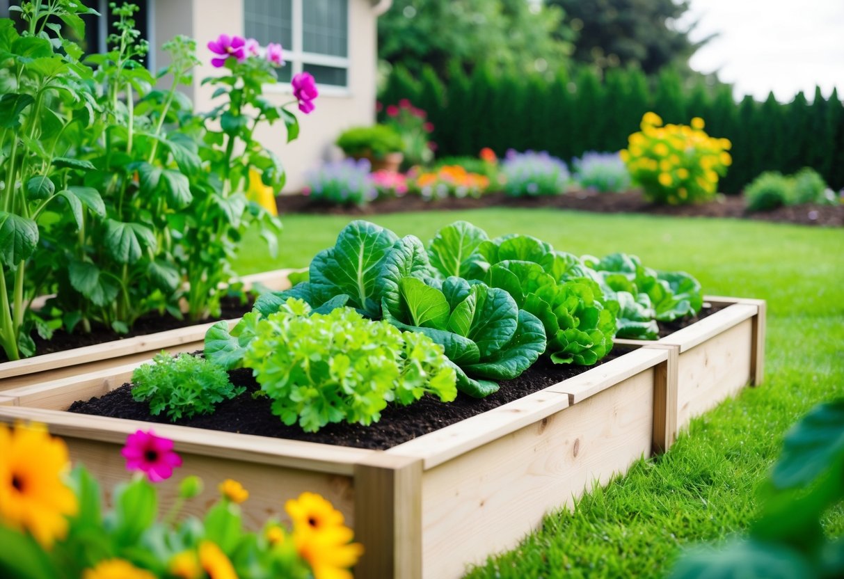 A raised bed vegetable garden surrounded by lush greenery and colorful flowers, with a backdrop of a neatly landscaped backyard