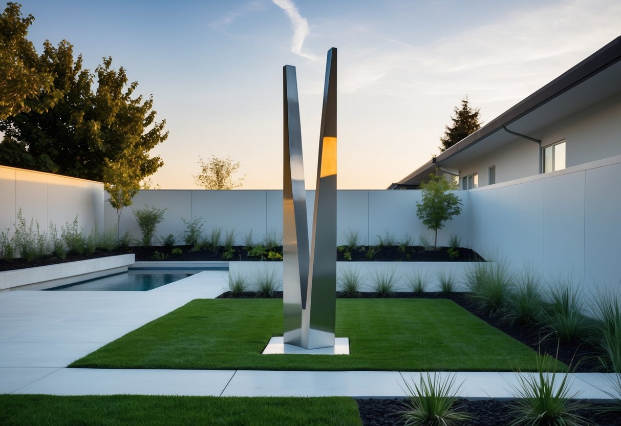 A sleek metal sculpture stands amidst a contemporary backyard landscape, surrounded by clean lines and minimalist plantings