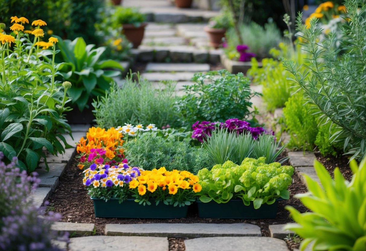 A colorful array of edible flowers and herbs arranged in a neatly manicured garden bed, surrounded by lush green plants and a quaint stone pathway