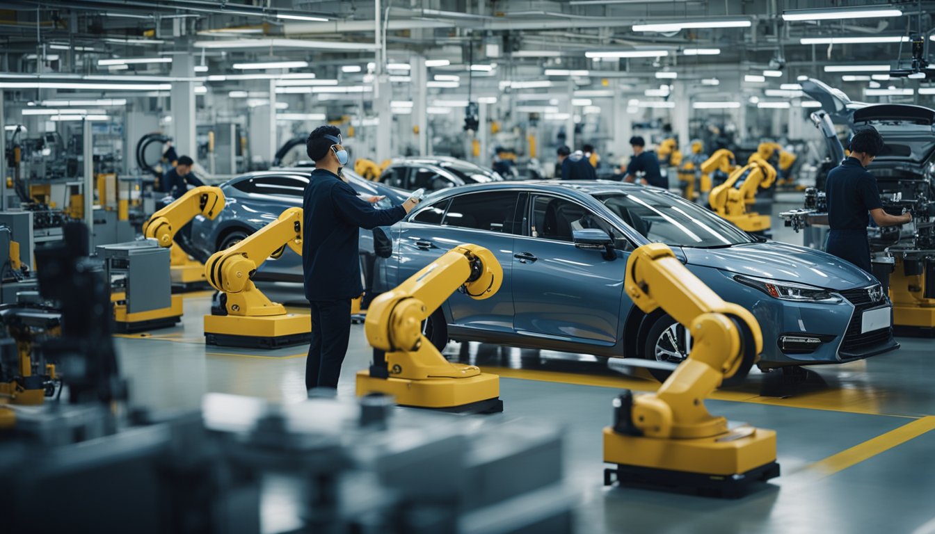 A bustling factory floor with robotic arms assembling sleek Japanese cars amid high-tech machinery and workers in uniform