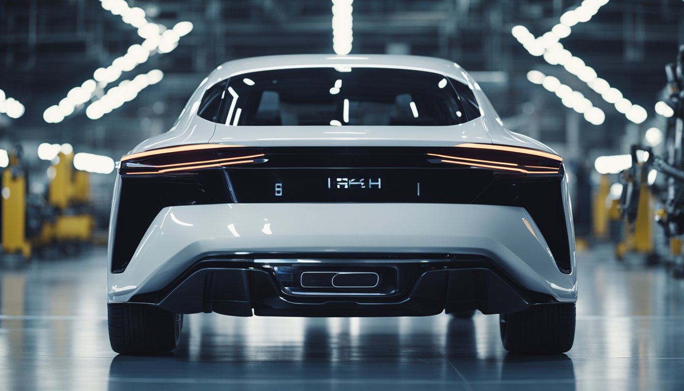 A sleek, futuristic Japanese car sits in a high-tech factory, surrounded by robotic arms and advanced machinery