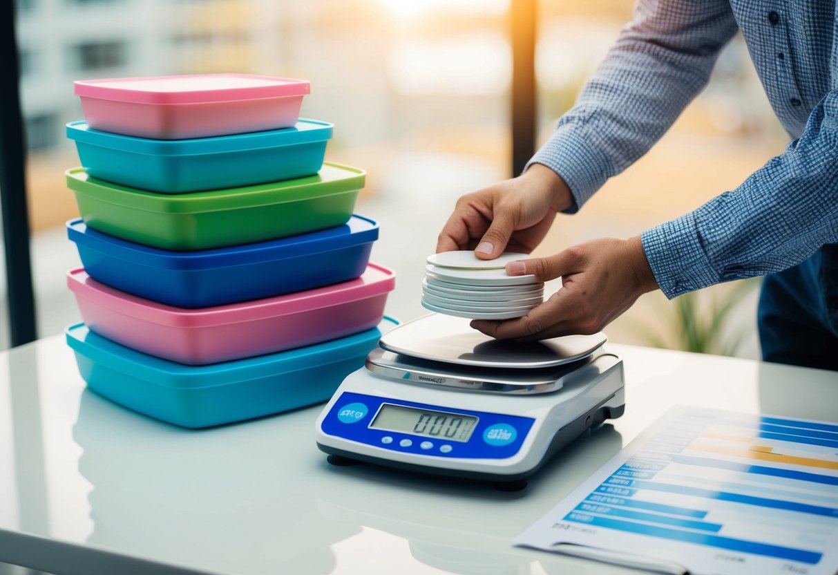 A stack of products with various dimensions and weights being measured on a digital scale, while a person looks at a chart of Amazon FBA fees