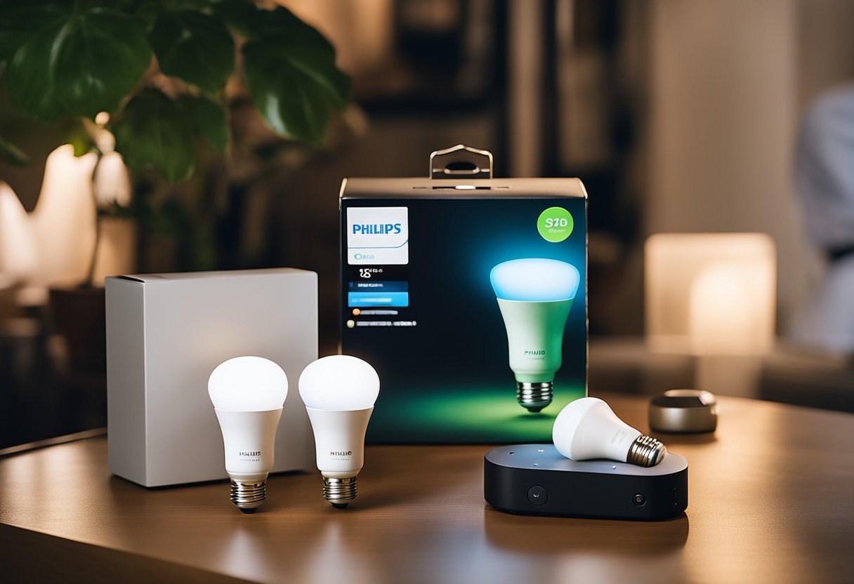 Ruka drži Philips HUE Starter paket, s žaruljama i mostom na stolu, spremnim za instalaciju