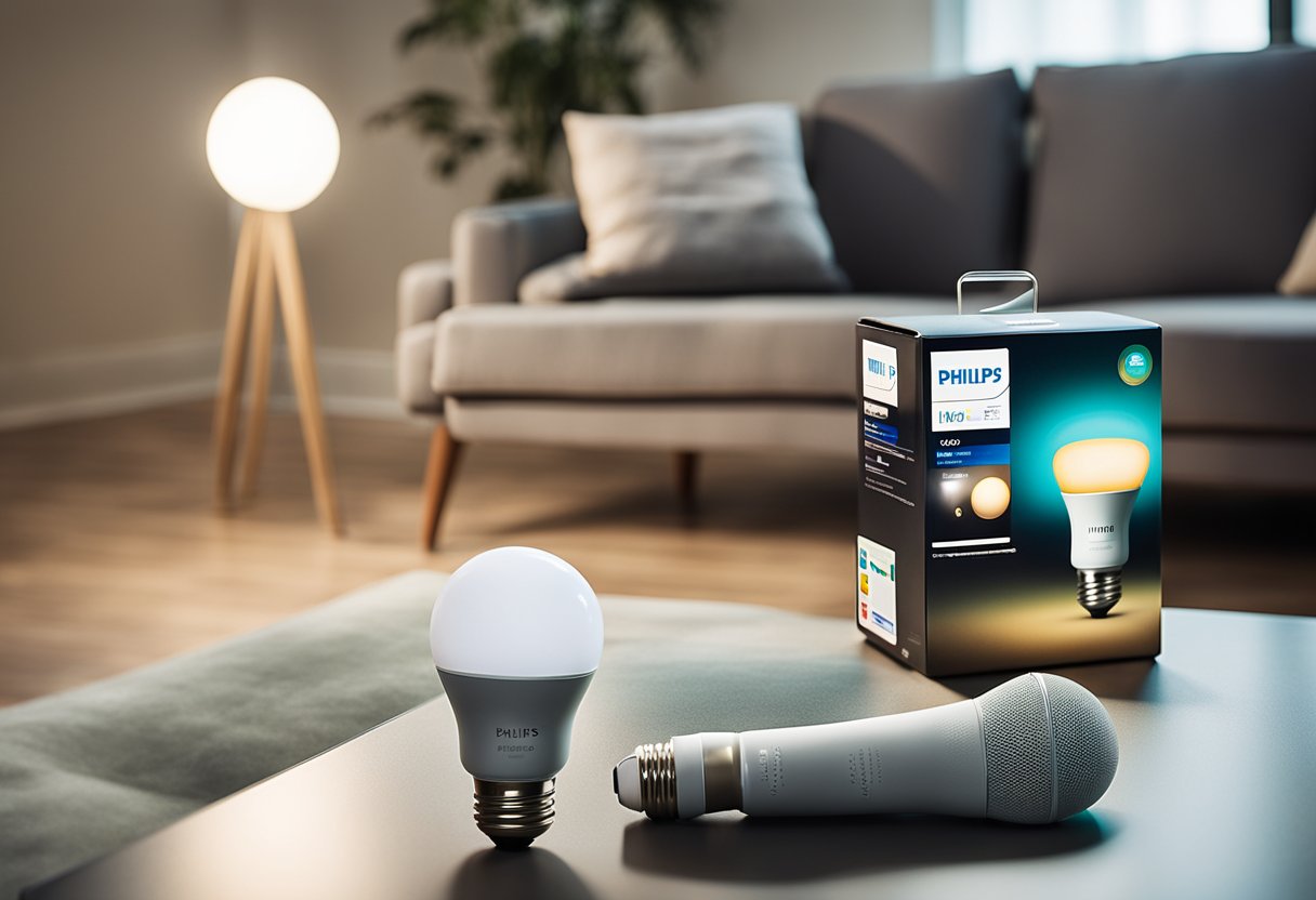 Dnevna soba s instaliranim Philips HUE Starter kitom, prikazujući različite opcije osvjetljenja i detalje o potrošnji energije na pakiranju