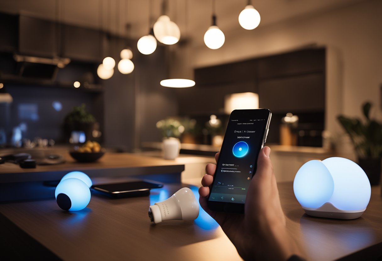 Osoba postavlja Philips HUE starter paket, okružena pametnim žaruljama, mostom i aplikacijom za pametni telefon.