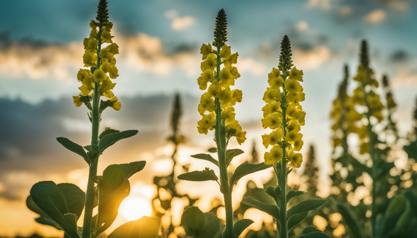 The tall mullein plant blooms with yellow flowers against a soft sunset sky, its fuzzy green leaves capturing the golden hour light