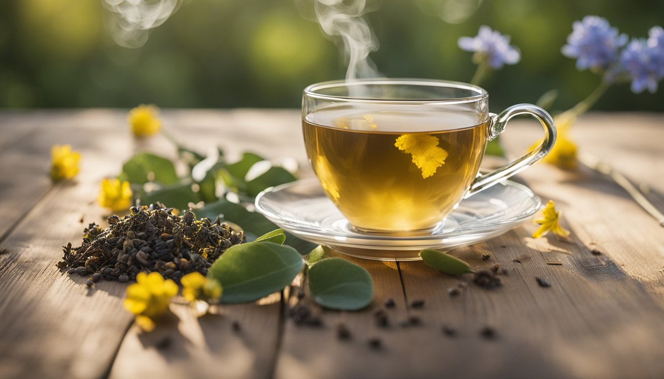 Steam rises from a glass of mullein tea on a wooden table, with scattered flowers and leaves. Morning light creates a cozy atmosphere