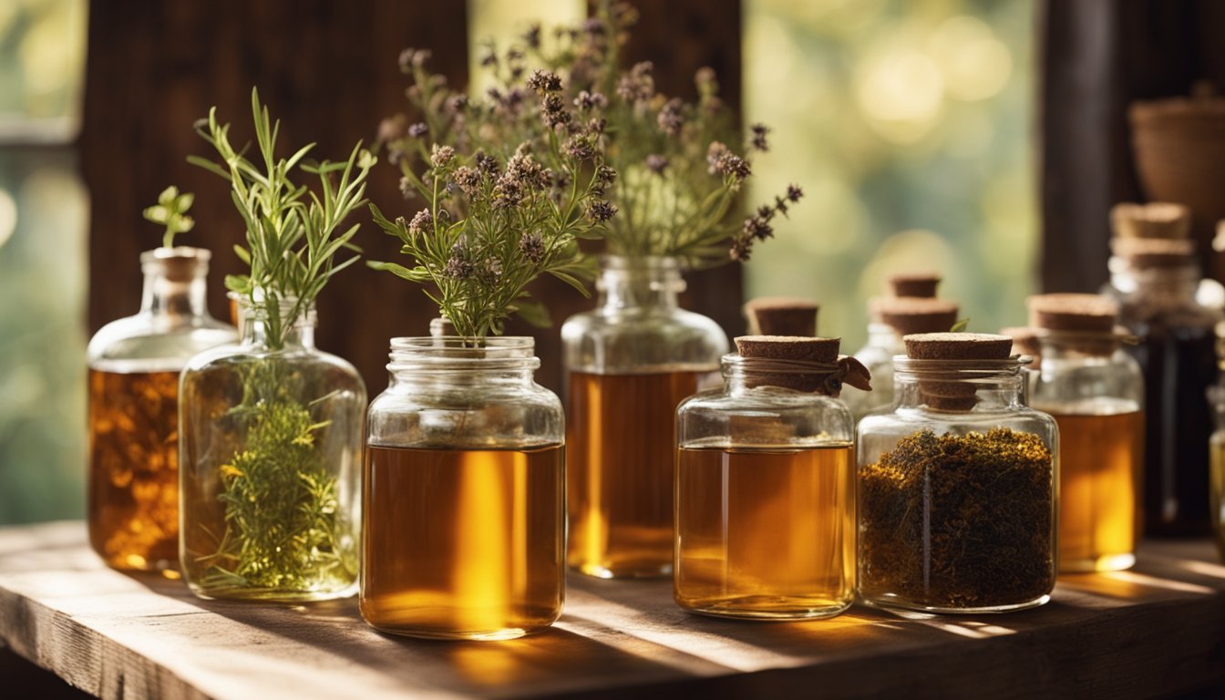 Morning light illuminates a rustic herbal workspace, with vintage glass jars and amber bottles filled with dried herbs and homemade syrups, creating honey-colored reflections on the wooden surface