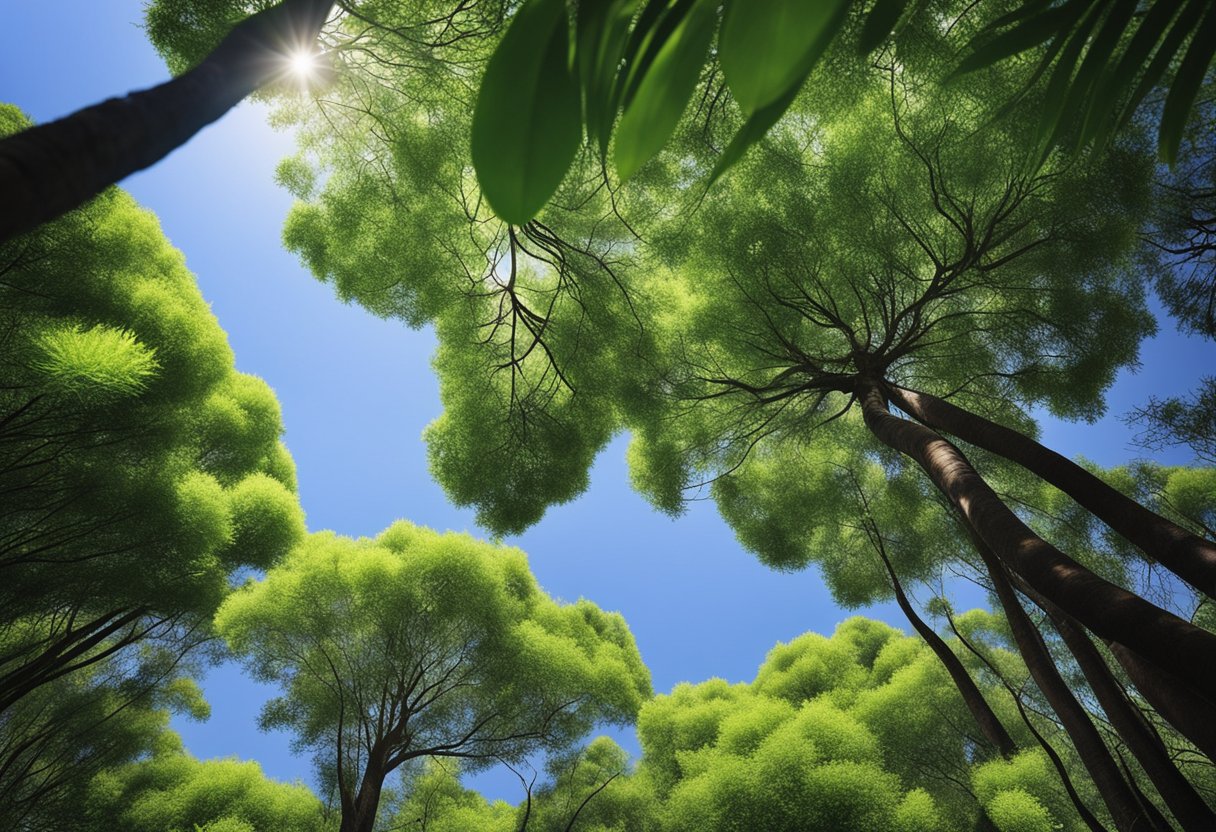 A lush green forest with a clear blue sky above, showcasing a variety of natural ingredients like lavender, tea tree, and coconut