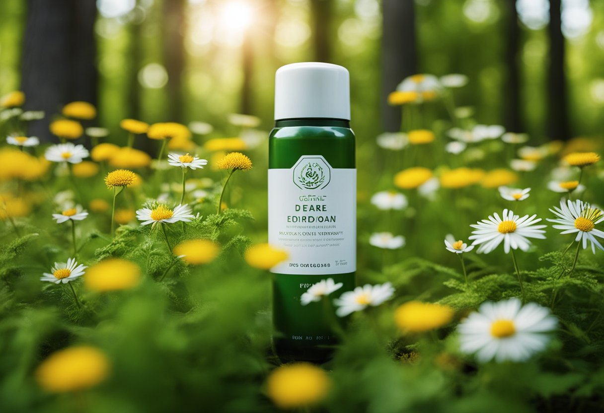 A serene forest clearing with wildflowers and a gentle breeze, showcasing different natural deodorant brands nestled among the foliage