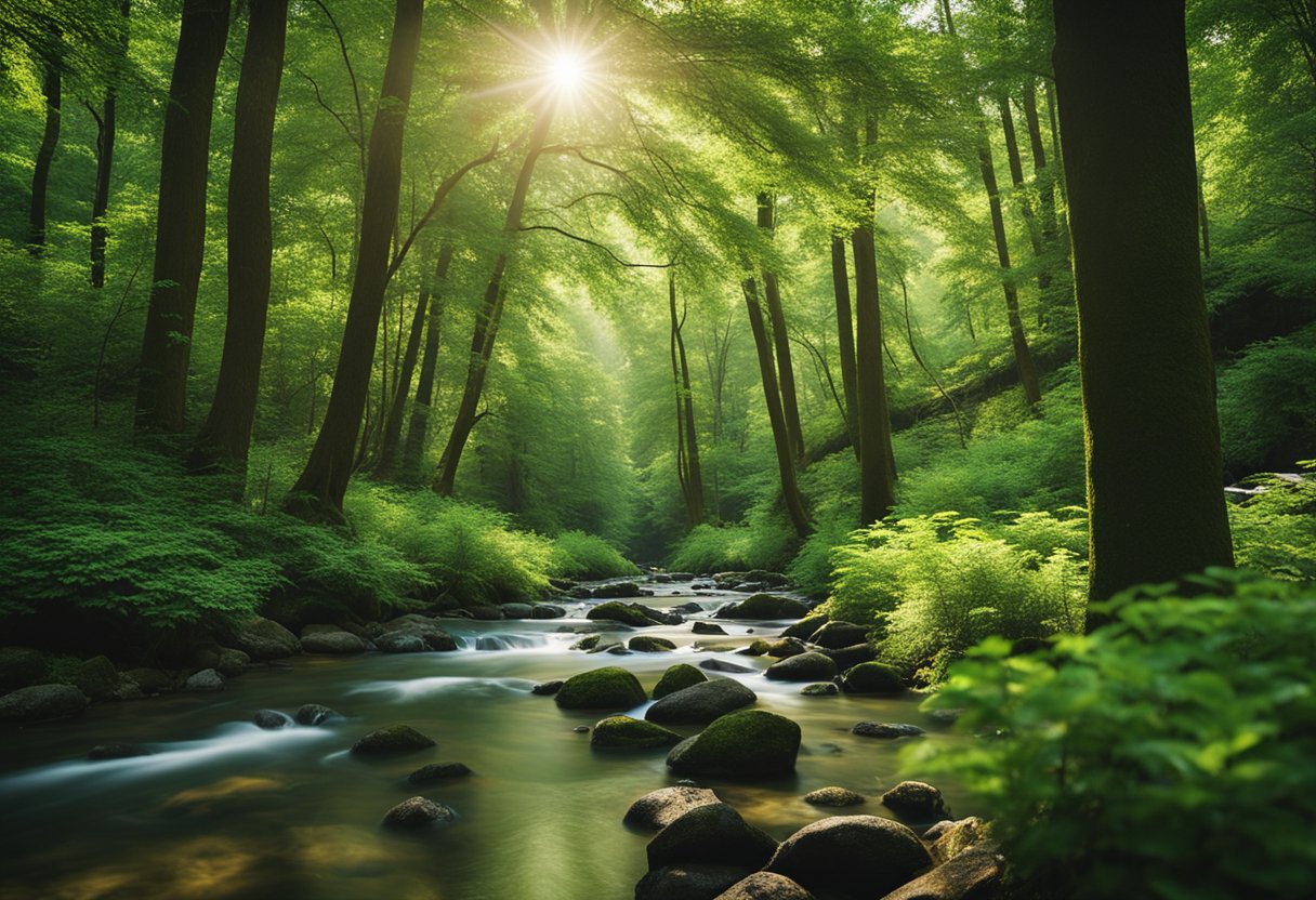 A serene forest with a clear stream running through it, surrounded by tall trees and vibrant green foliage. A sense of freshness and purity emanates from the natural surroundings