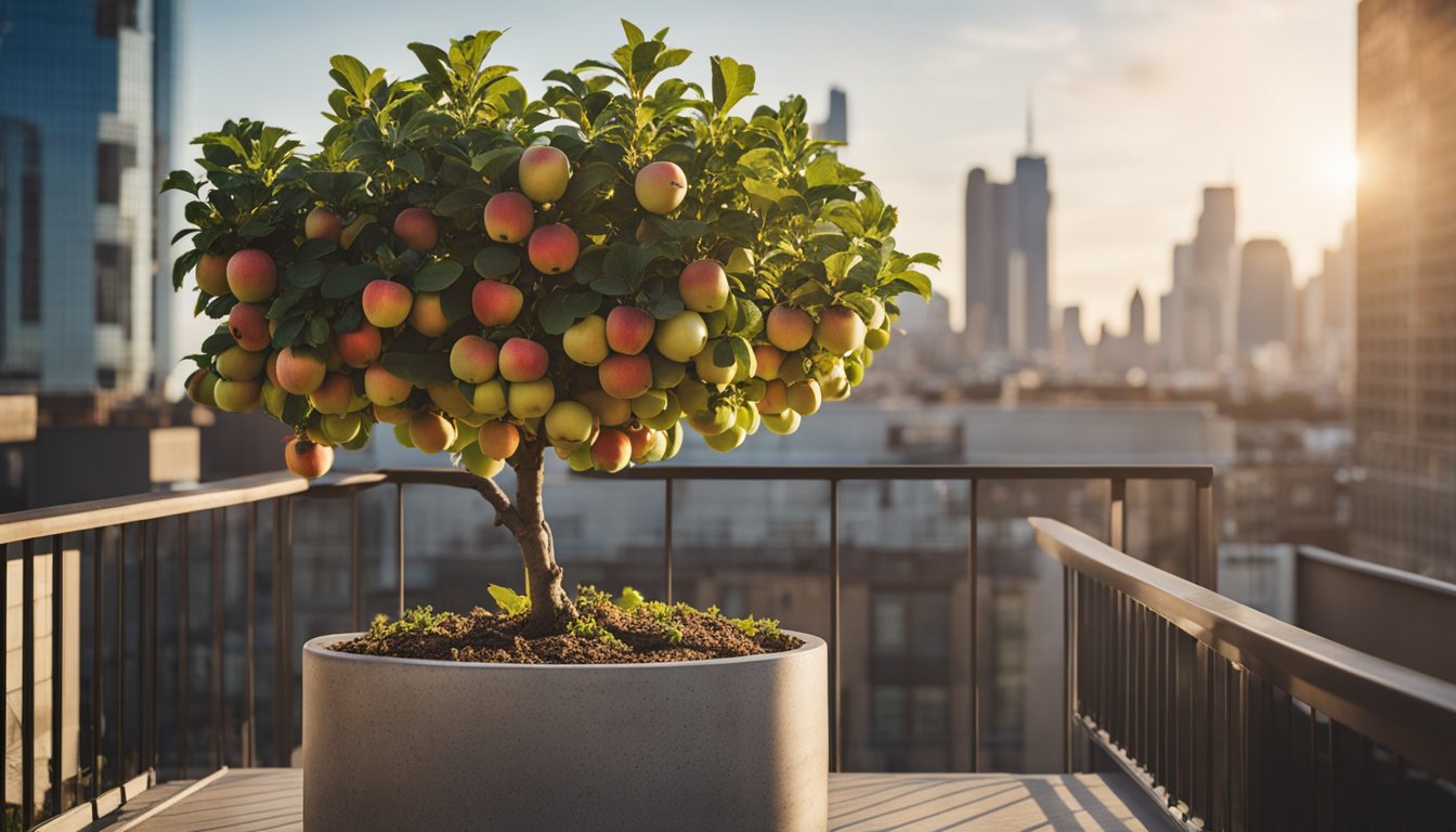 A semi-dwarf Honeycrisp apple tree thrives in a concrete planter on a balcony, with morning light illuminating glossy leaves and ripening apples, and a softly blurred city skyline in the background