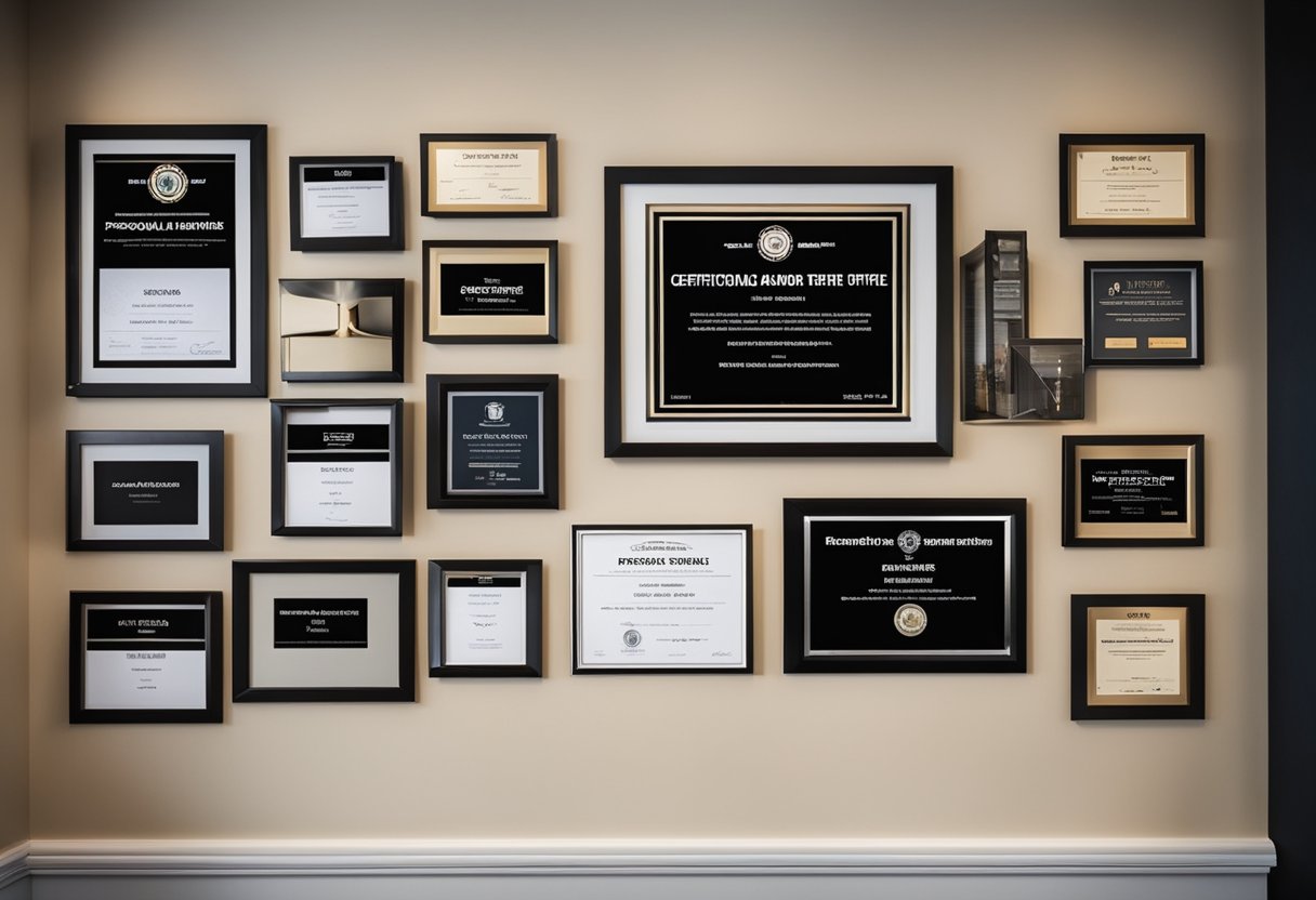 A personal trainer's office with framed certifications and credentials displayed prominently on the wall