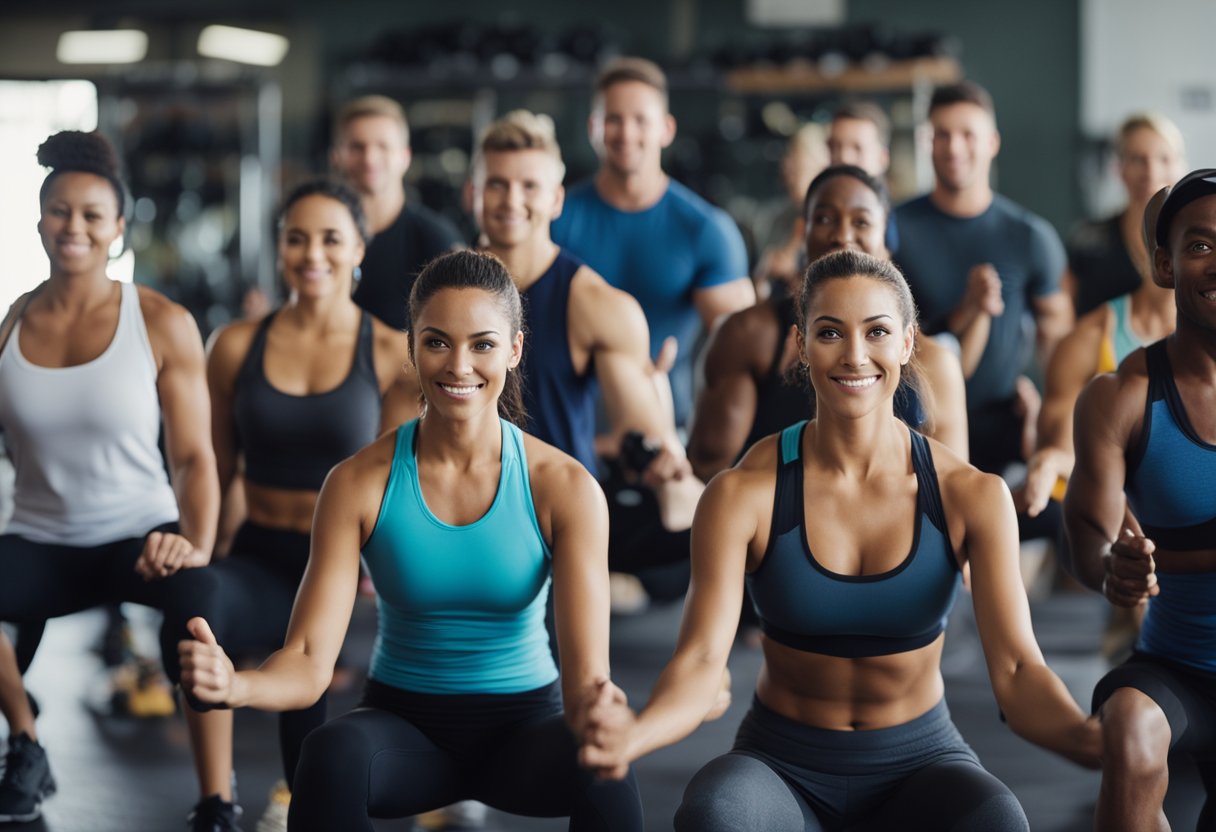 A personal trainer leading a group fitness class in a La Mesa gym, demonstrating various exercises and providing individualized instruction