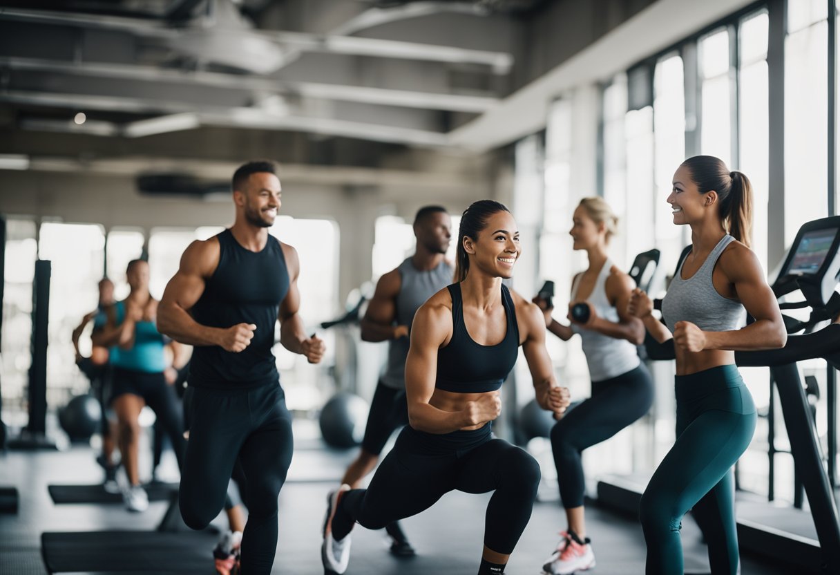 A personal trainer leading a group workout in a spacious, well-equipped gym in La Mesa, with exercise equipment and motivational posters on the walls