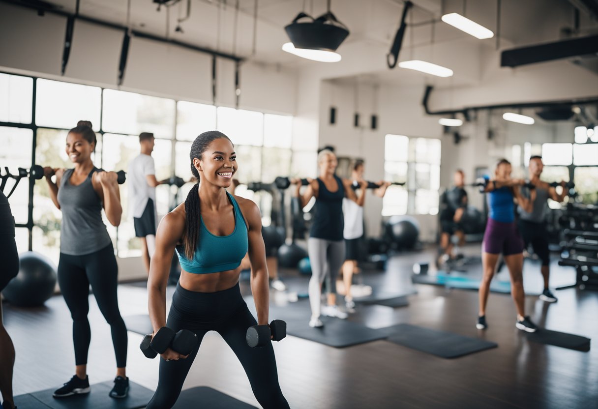 A personal trainer leading a fitness class in a modern gym in La Mesa, with various exercise equipment and enthusiastic clients