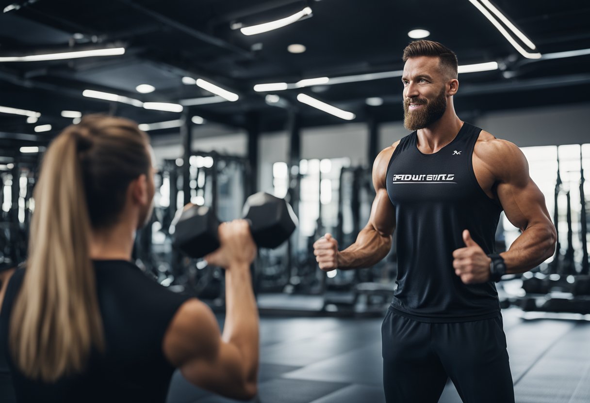 A personal trainer leading a high-intensity interval training session in a modern gym with motivational quotes on the walls