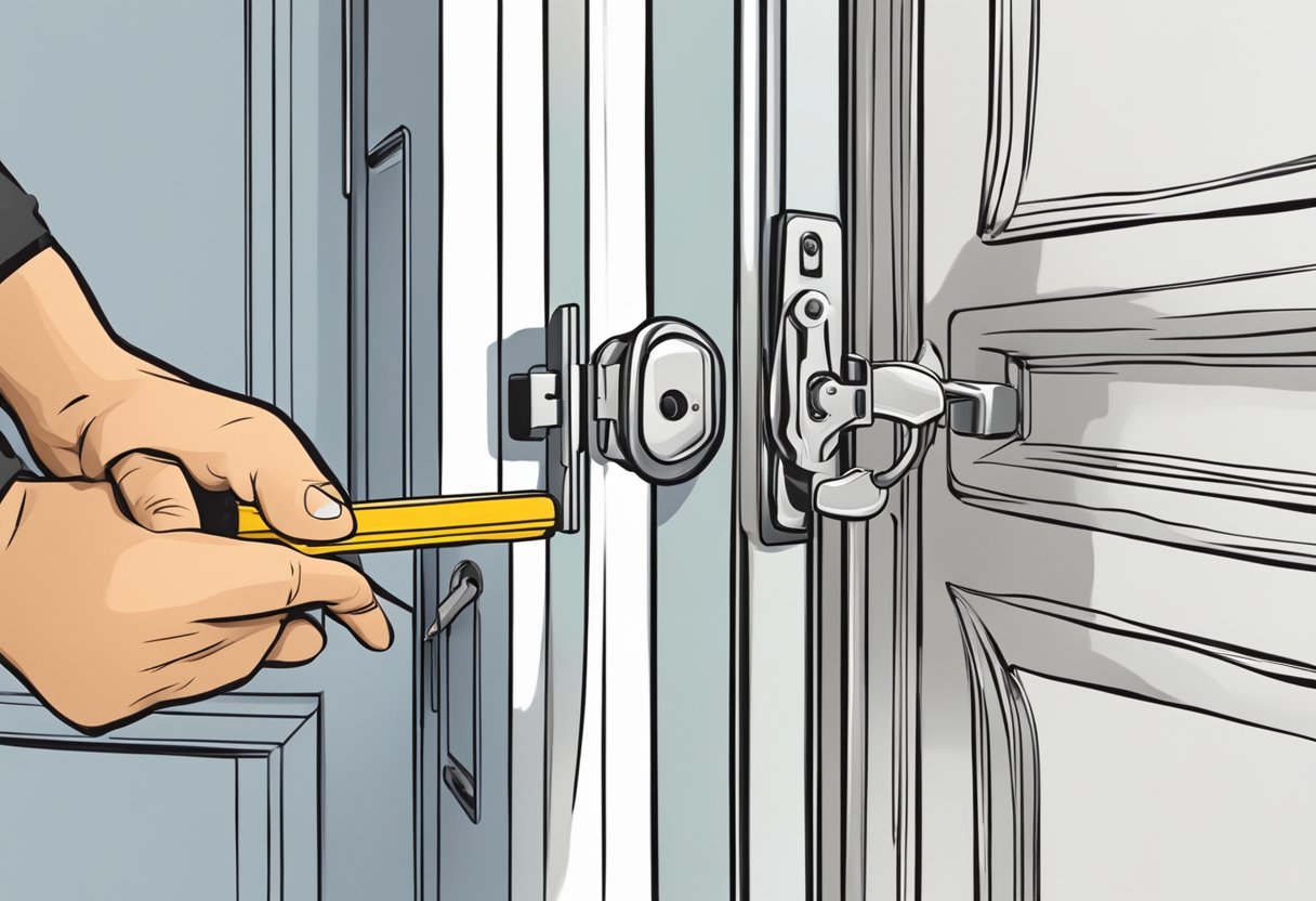 A locksmith carefully picks a lock on a door, with a set of professional tools at the ready